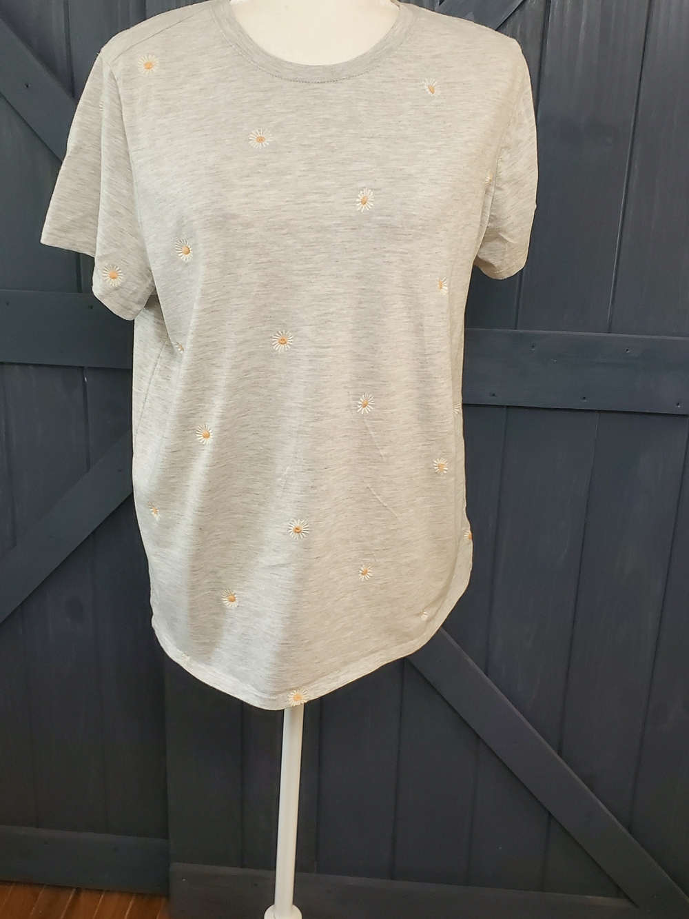 Lucky Brand Light Gray Tee with Yellow Daisy Embroidery